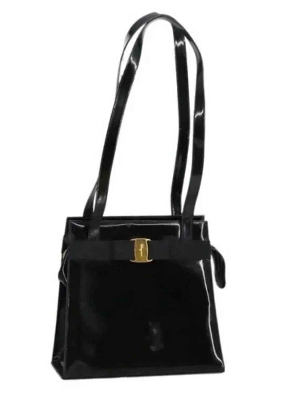 Salvatore Ferragamo Shoulder Bag Enamel Black Gold Auth bs19918